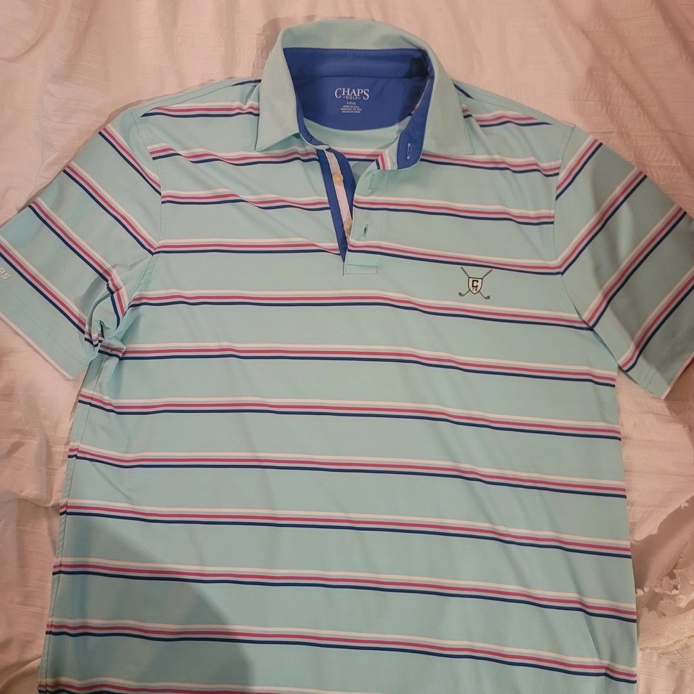Chaps Ralph Lauren Golf Shirt Men Large Green Blue Striped Rugby Logo Dad Preppy